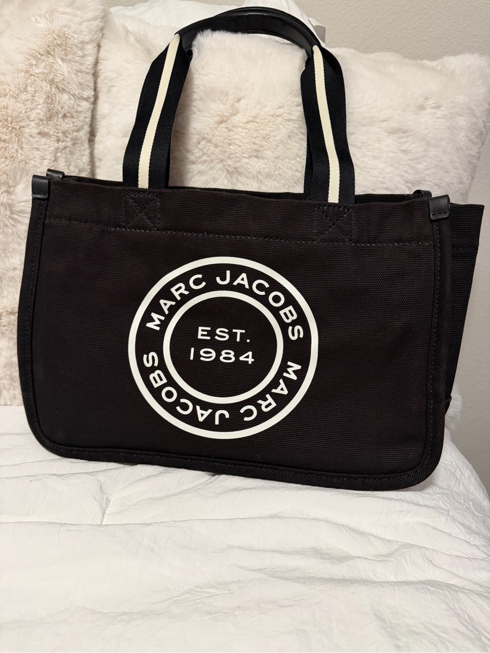 Marc Jacobs Black Canvas Messenger Tote with White Logo